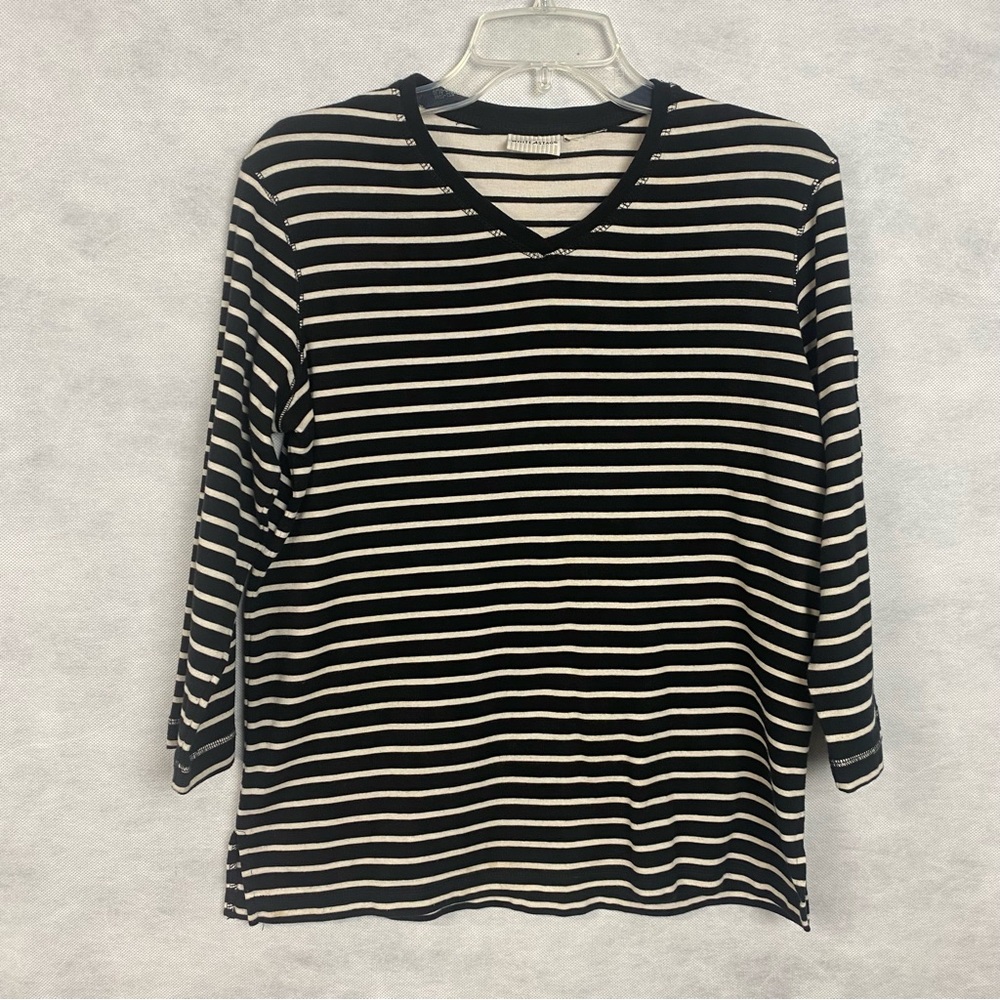 Vtg White Stag Shirt Womens Medium Black White Stripe 3/4 Sleeve V Neck Casual